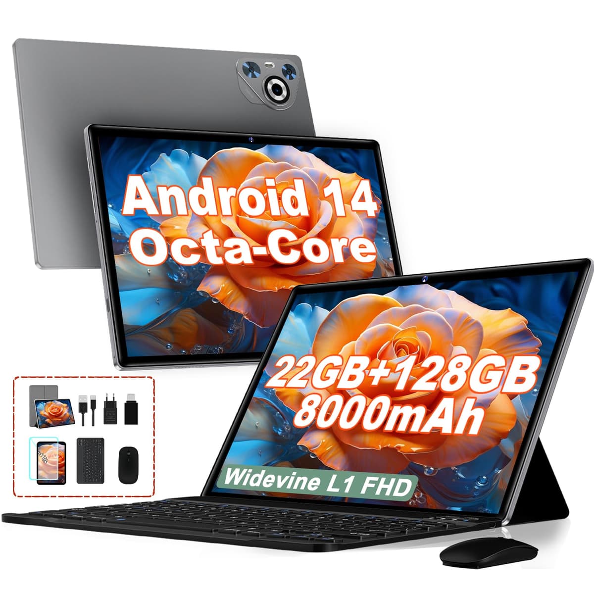 Tablet 10 pollici Android 14, 22GB RAM 128GB ROM/TF 1TB, Octa-Core, 8000mAh, Corpo in Metallo, Face ID, Doppio WiFi, 8MP+5MP, Widevine L1, Protezione Occhi, Tastiera, Mouse, Blue