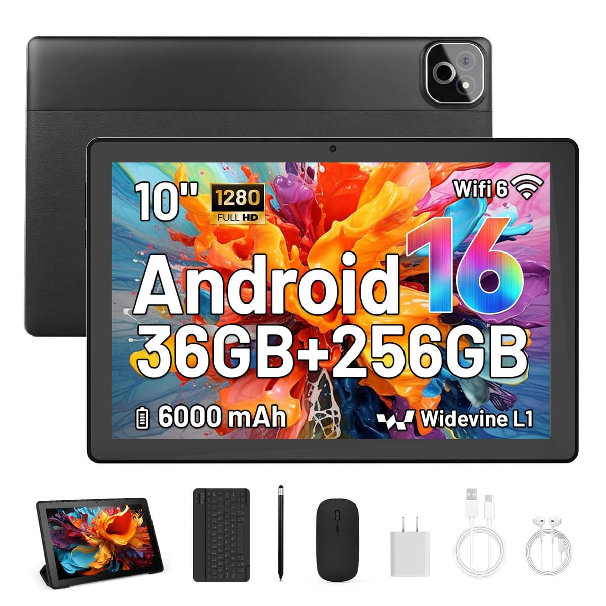 Tablet de 10 Pulgadas, Android 16 Tablet con Teclado, Octa Core, 36GB RAM 256GB ROM (1TB TF Expand) Cámara 5MP + 8MP 6000mAh Tablets de PC Touch Pad con Stylus Ratón Auricular y Caja