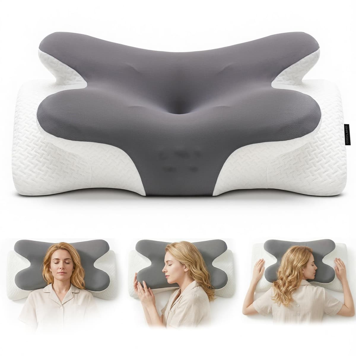 COSYLAND Almohada Cervicales y Cuello - Espuma Viscoelástica, Diseño Mariposa con Soporte Ergonómico y Transpirable, para Dormir de Lado, Boca Arriba y Boca Abajo, 63 x 34 x 11/13 cm