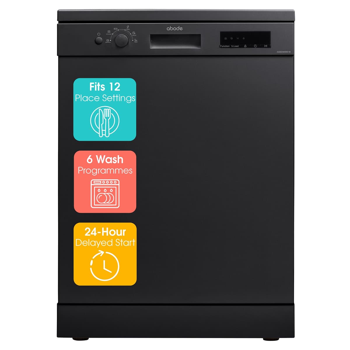 Abode Freestanding Dishwasher Class E with 12 Place Settings, 6 Wash Programs, 24-Hour Delay Start, Removable Cutlery Basket & Deep Clean Function in Black A60DW00E1B