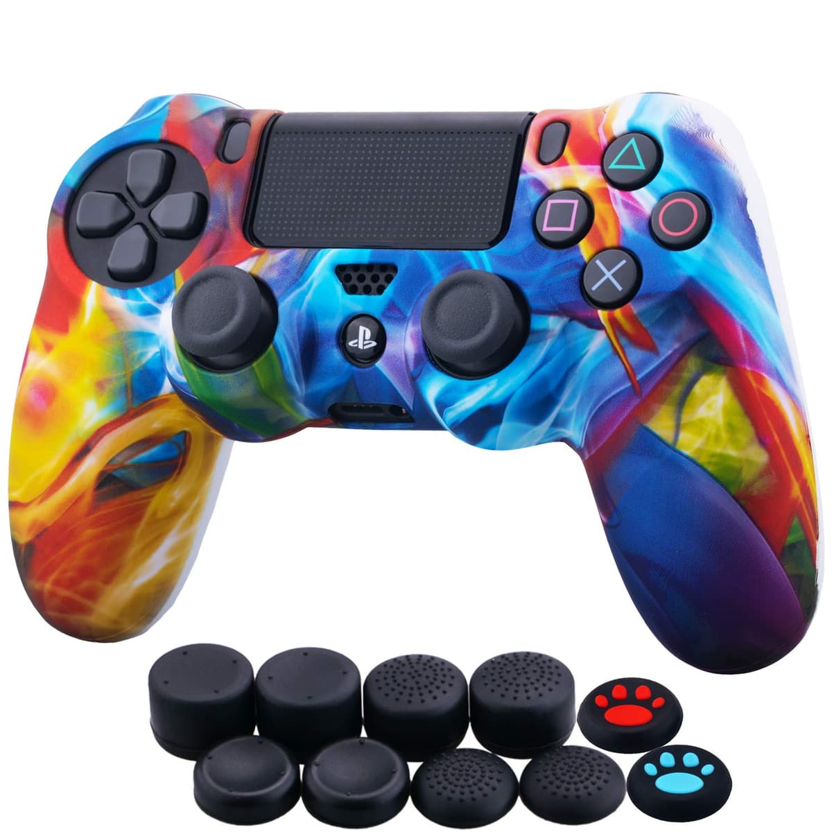 YoRHa Water Transfer Printing Camouflage Silicone Cover Skin Case for PS4/Slim/Pro Controller x 1(Colourful Stream) with Thumb Grips x 10
