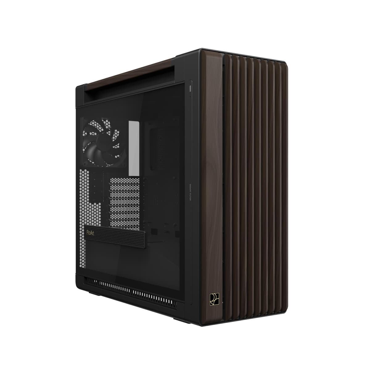 ASUS ProArt PA602 Wood Edition Modern Black - Chasis E-ATX con Panel de Cristal Templado, Compatible con GPU de hasta 440 mm y radiadores de 420 mm, Ventiladores de 140 mm y de 200 mm preinstalados