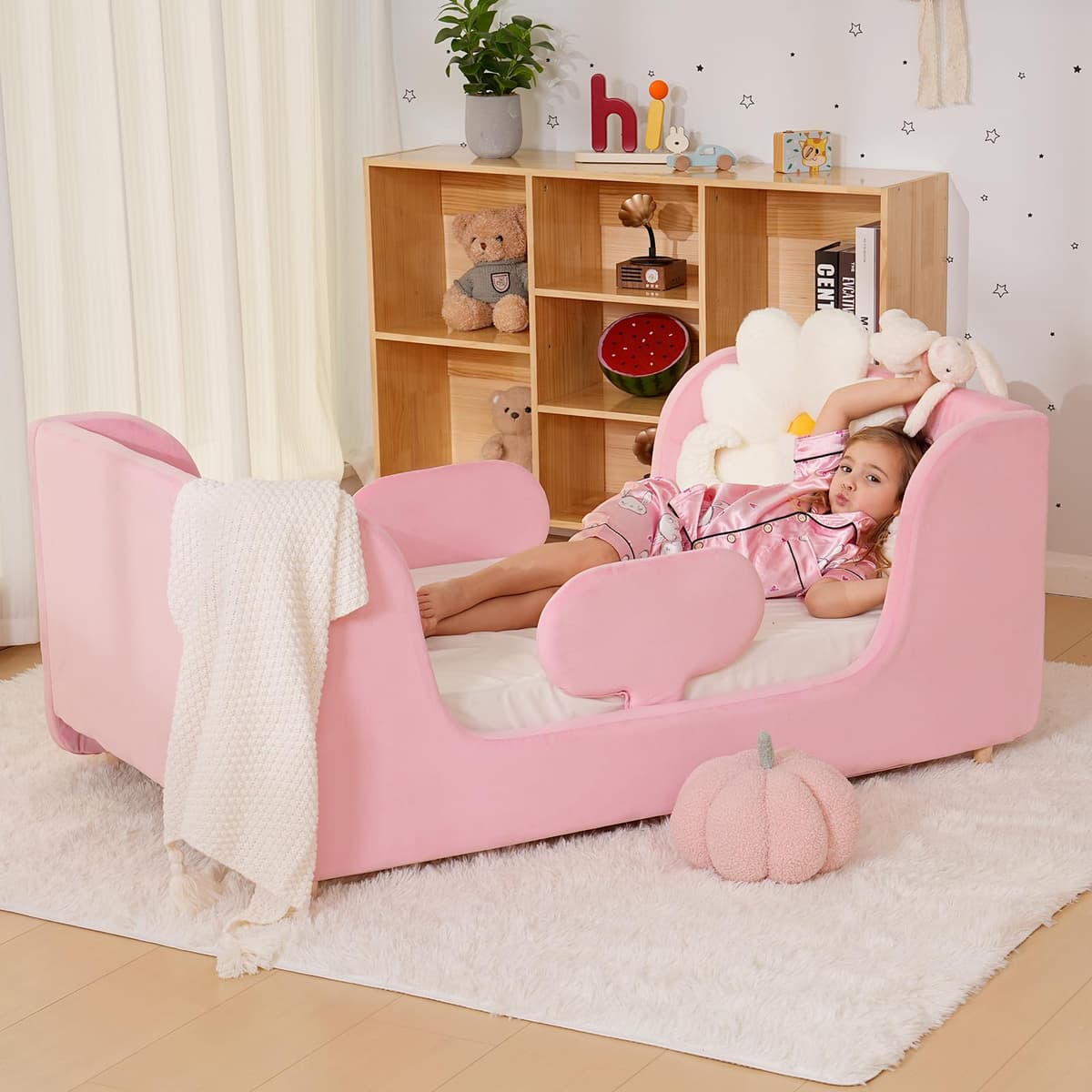 Toddler Bed, Whole Soft Padded Kids Beds with Extra Safety Guardrail, Low Frame Bed for Toddlers Girls Boys Children, 140x70cm (Mattress NOT Included)
