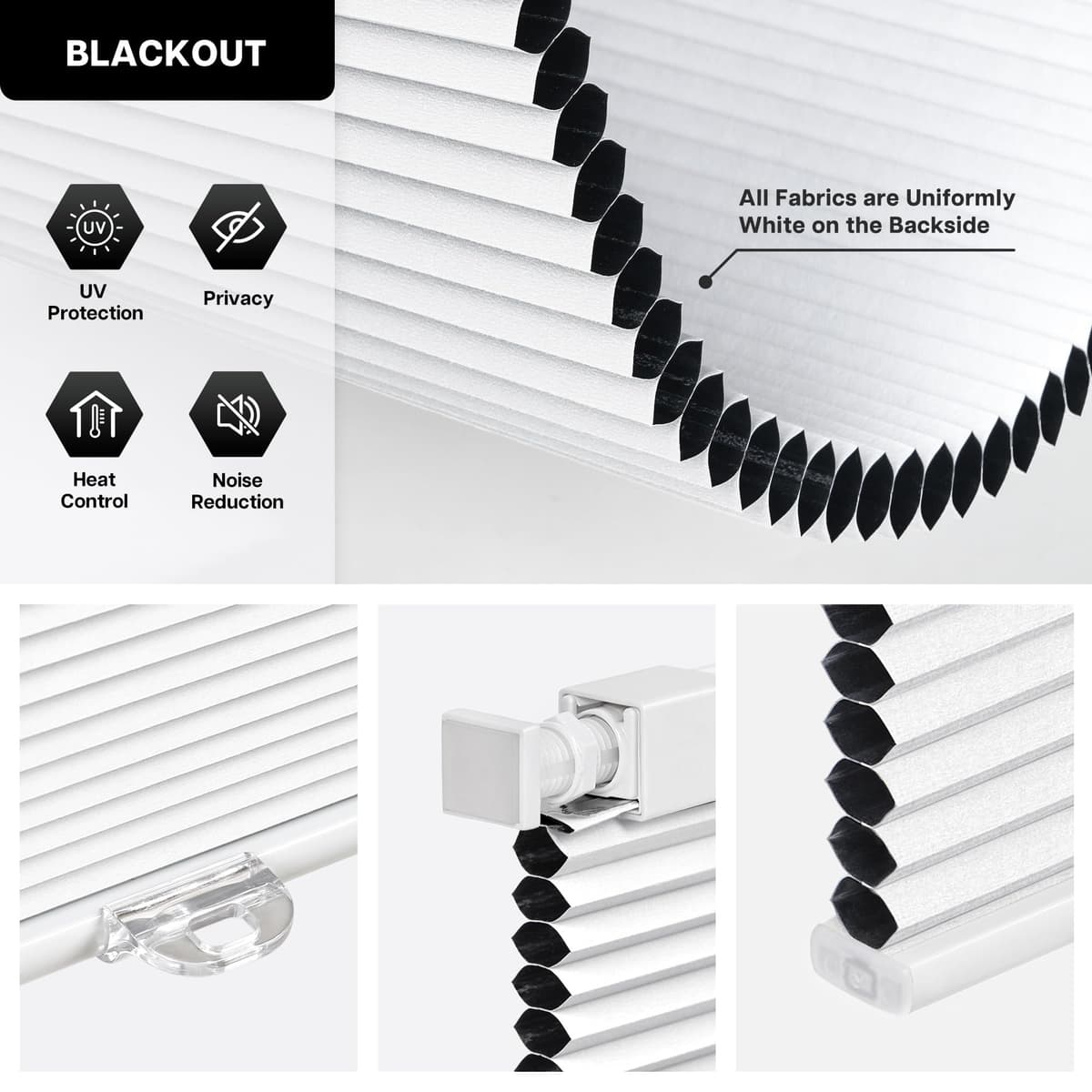 LazBlinds Cordless Cellular Shades, No Tools No Drill Blackout Honeycomb Shades Pleated Blinds for Windows, 35'' W x 48'' H, Silver White — view 3