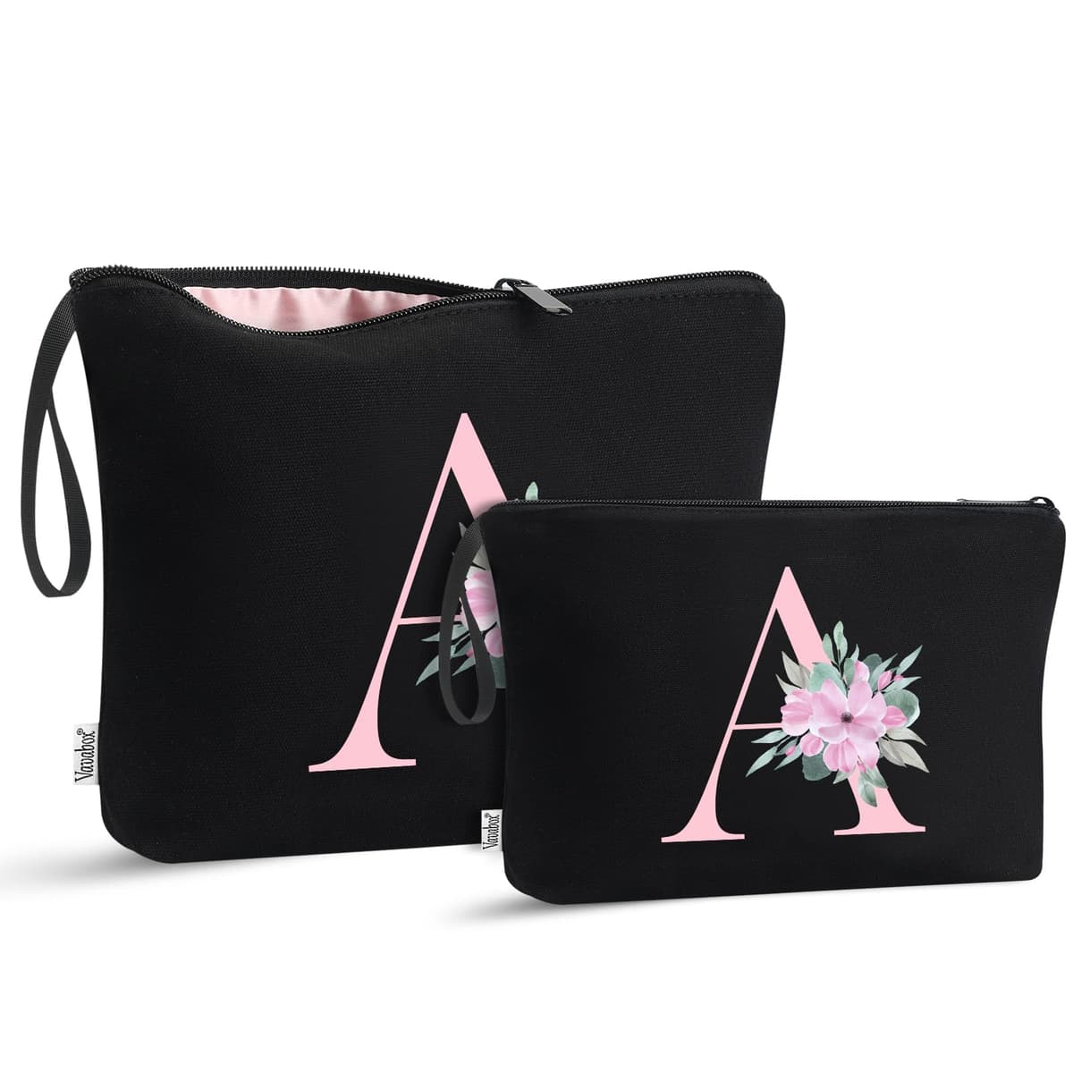 Vavabox 2 Pcs Initial Toiletry Bags Set,Birthday Gifts for Women,Travel Portable Toiletry Bag with Handle (A, Black)
