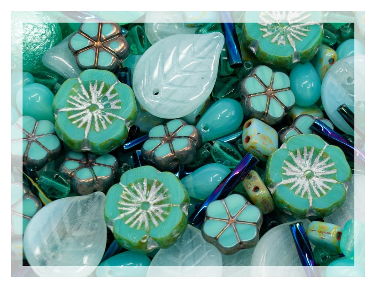 60 g Mix of Unique Czech Bohemia Glass Pressed Beads, Rocailles, Opaque Turquoise Green Copper Crystal Silver, Matte and Glossy, Hand Made BCV