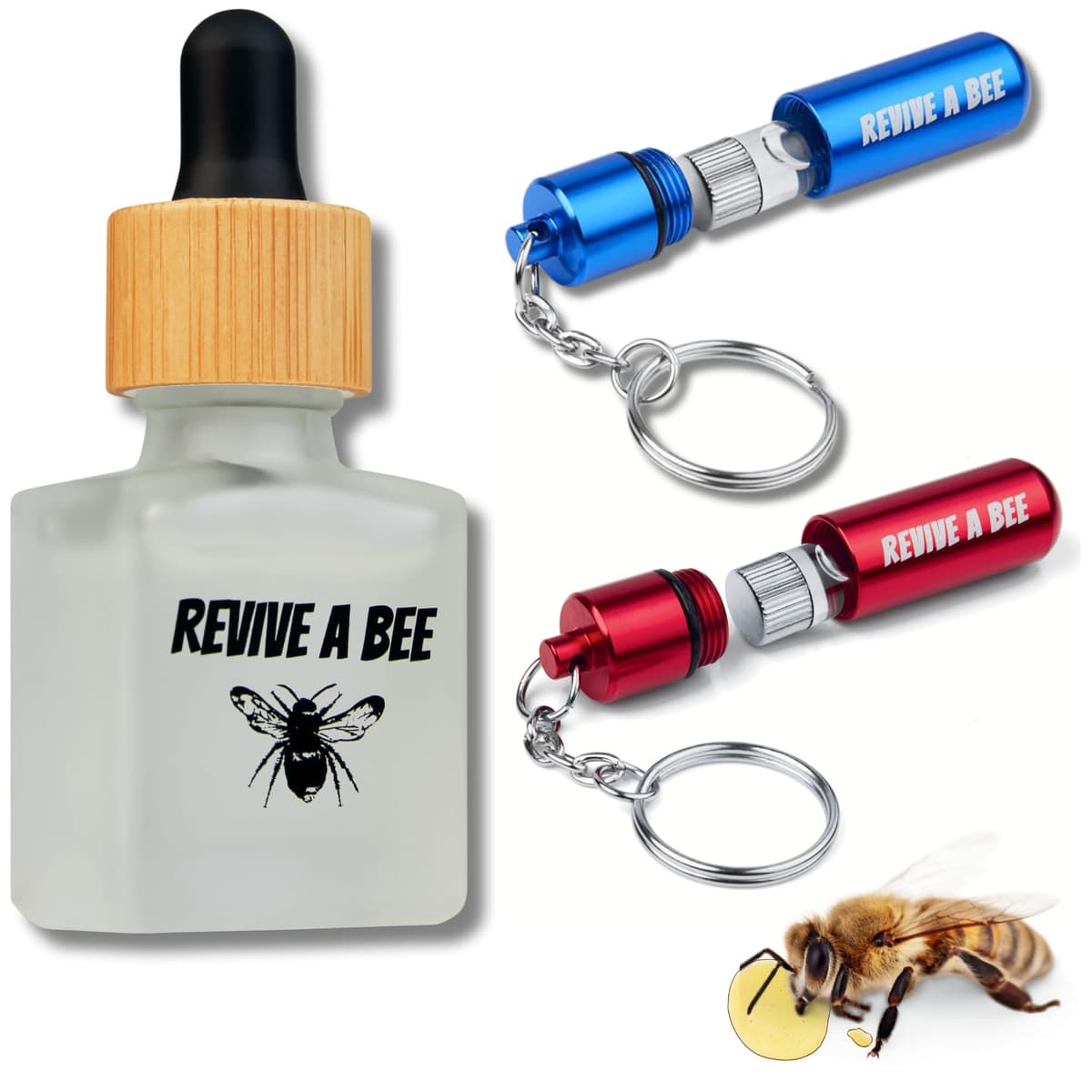 Revive a Bee Gift Box, 2 x Bee Revival Kit Keyrings, 1x Refill Bottle & Plantable Seed Paper, Gift For Eco-Conscious Nature Lovers