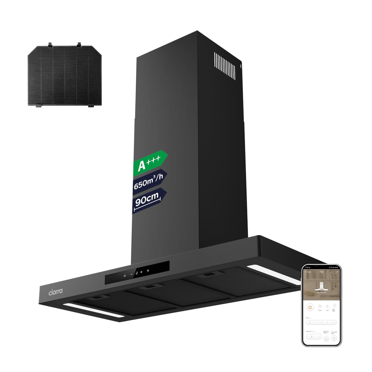 Ciarra 90cm Cooker Hood CBCB9102P Smart App WIFI Touch Control 650m³/h Recirculating&Ducting Wall Mount Hood Kitchen Extractor Fan 4-Speed with Booster Function Dimmable LED Lights