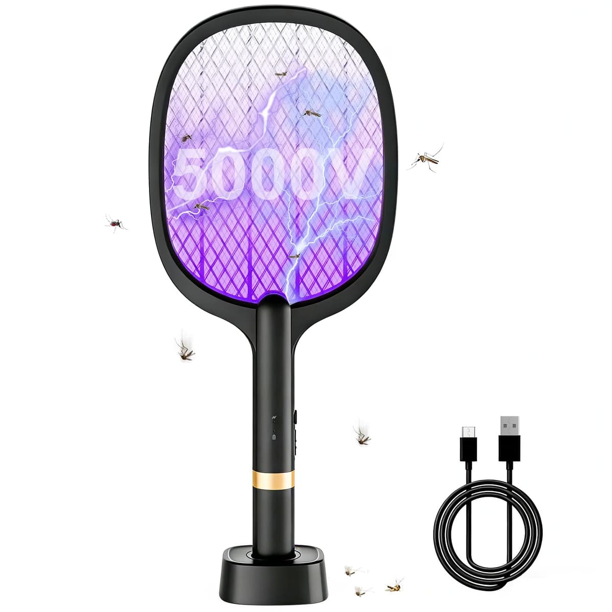 Raqueta Mosquitos Electrica 2 en 1 5000V Mata Mosquitos Electrico USB Recargable 1800mAh pour Intérieur et Extérieur Negro