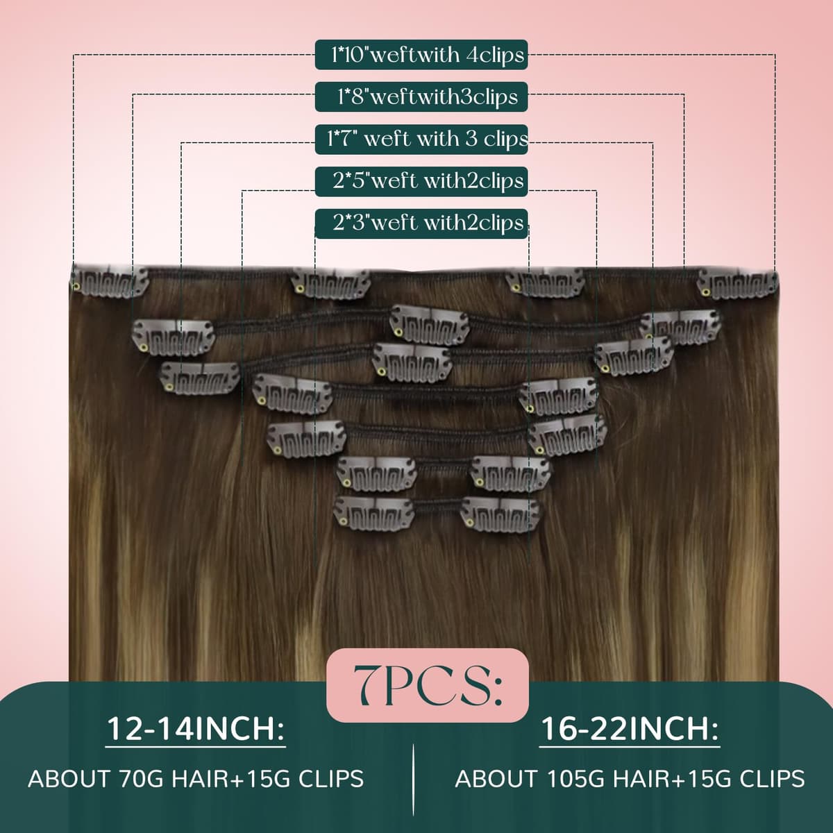 Easyouth Clip in Hair Extensions Human Hair Balayage, Remy Hair Clip in Extensions Ombre, Medium Brown Fading to Caramel Blonde, Real Hair Extension Clip in Human Hair for Beginners, 14In 85g 7pcs — view 5