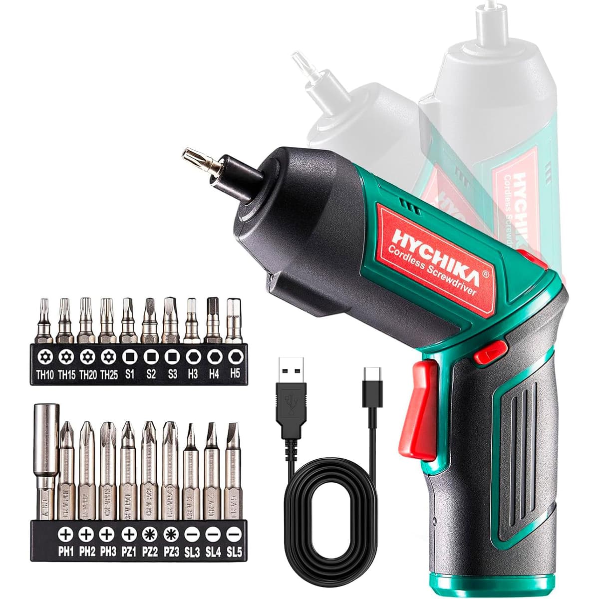 HYCHIKA Destornillador Eléctrico 6N.m, Atornillador Eléctrico Inalámbrico 3.6v Batería 2000mAh (Máximo Par 6 N.m) LED Luz, Mandril Magnétic, Cable USB, 20 Accesorios