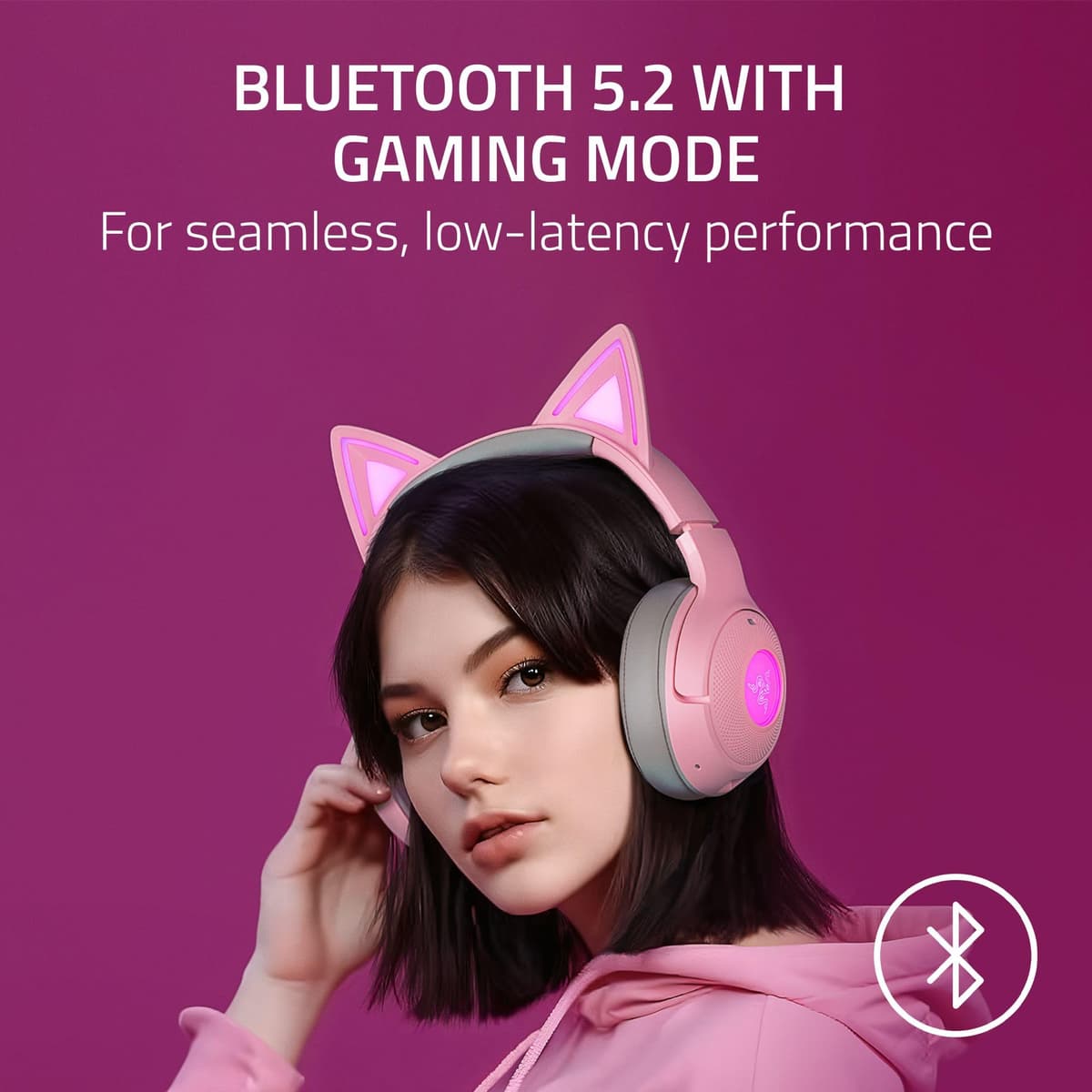 Razer Kraken Kitty V2 BT Wireless RGB Headset: Chroma RGB Kitty Ears & Earcups - Bluetooth 5.2-40 mm Drivers - Noise-Cancelling Mics - Lightweight - 40 Hr Battery w/Type C Charging - Quartz Pink — view 3
