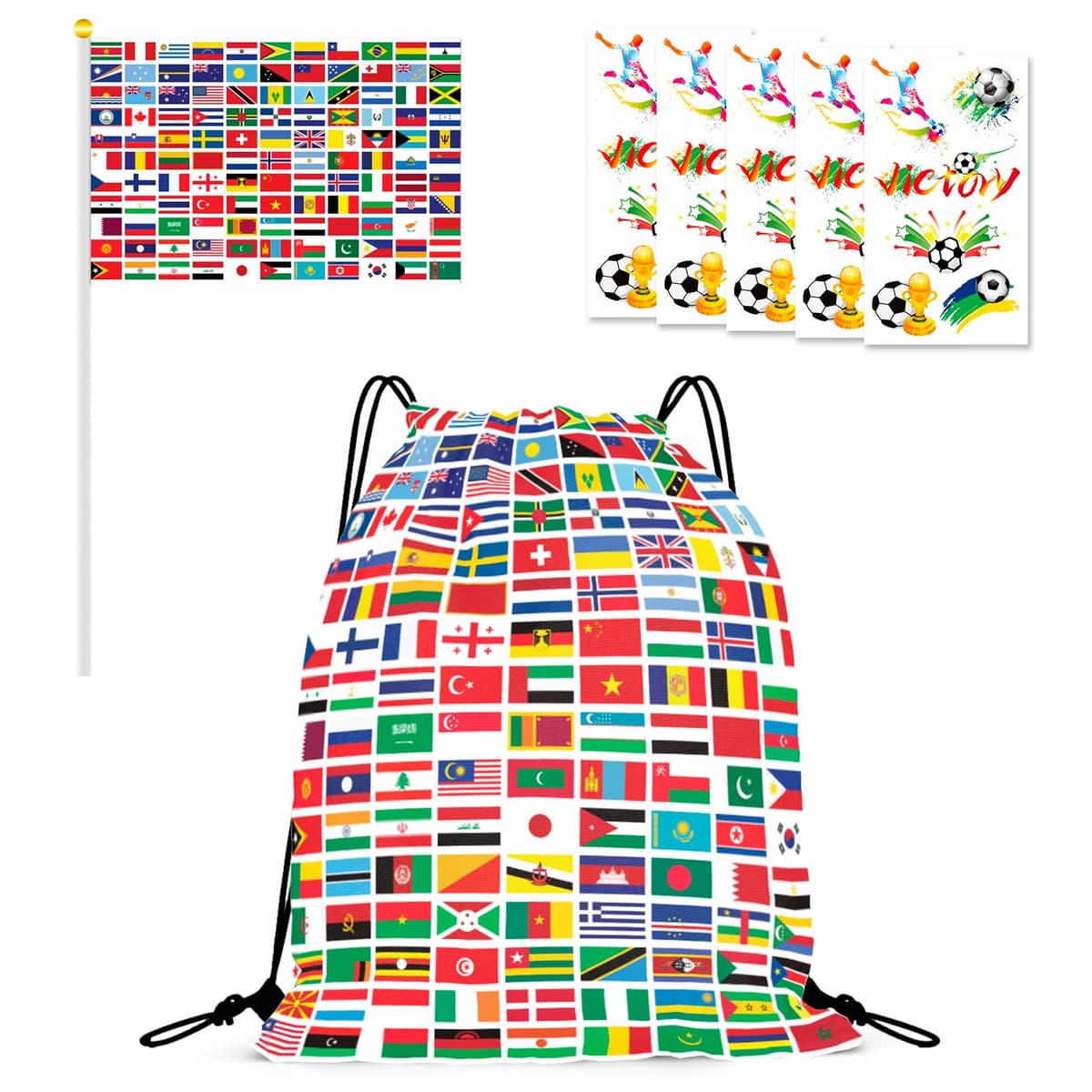 World Cup Football 2026 Drawstring Backpack Set with Flags World Cup 2026Accessories for Fans, Boys Girls Party Favors, Souvenirs & Multi-Nation Souvenir Gear