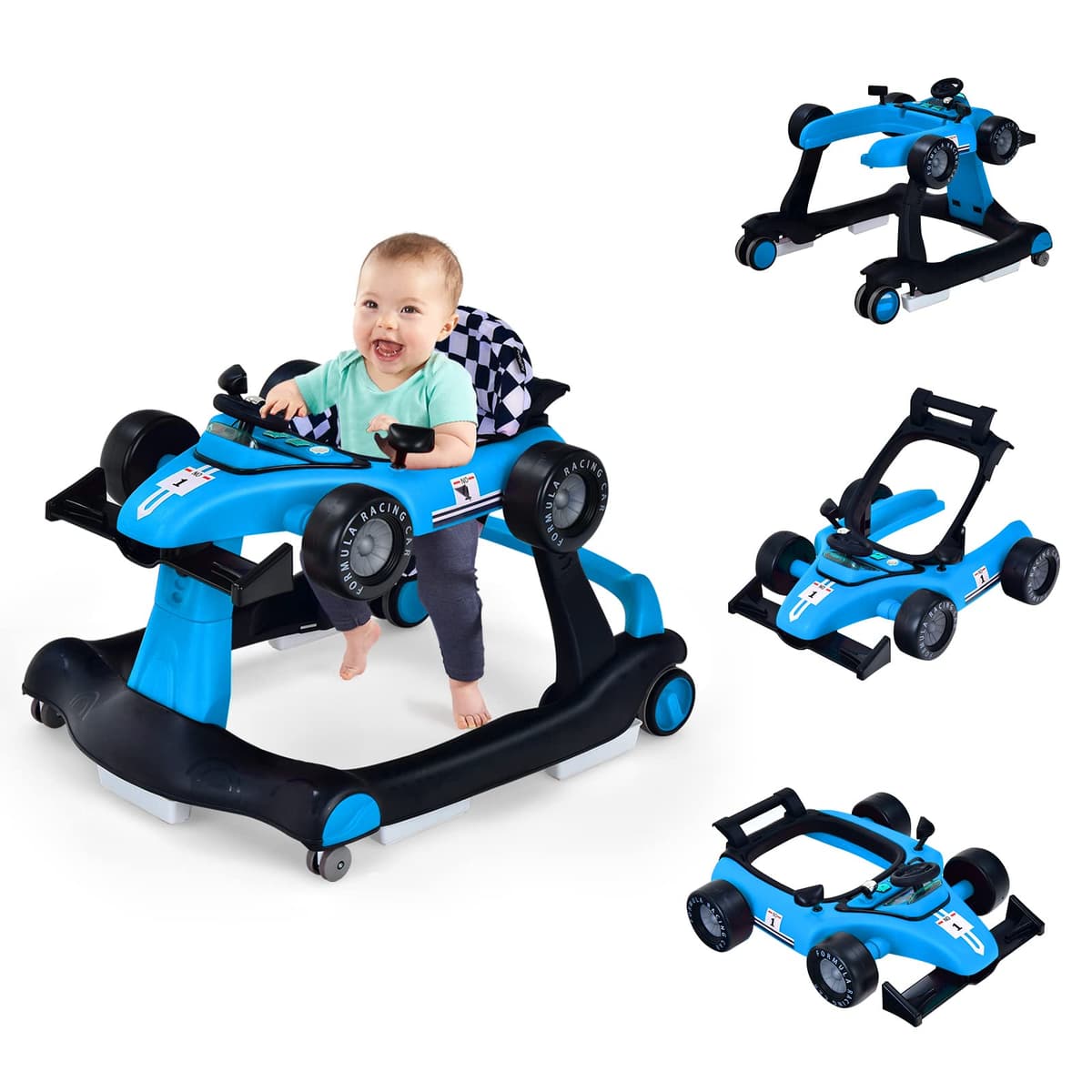 COSTWAY 4 en 1 Andador Bebes, Tacata Bebe Plegable con Altura y Velocidad Regulables, Carillón con Luces, Volante y Asiento con Cojín, Diseño Antivuelco, Caminador para Bebe de 6-18 Meses