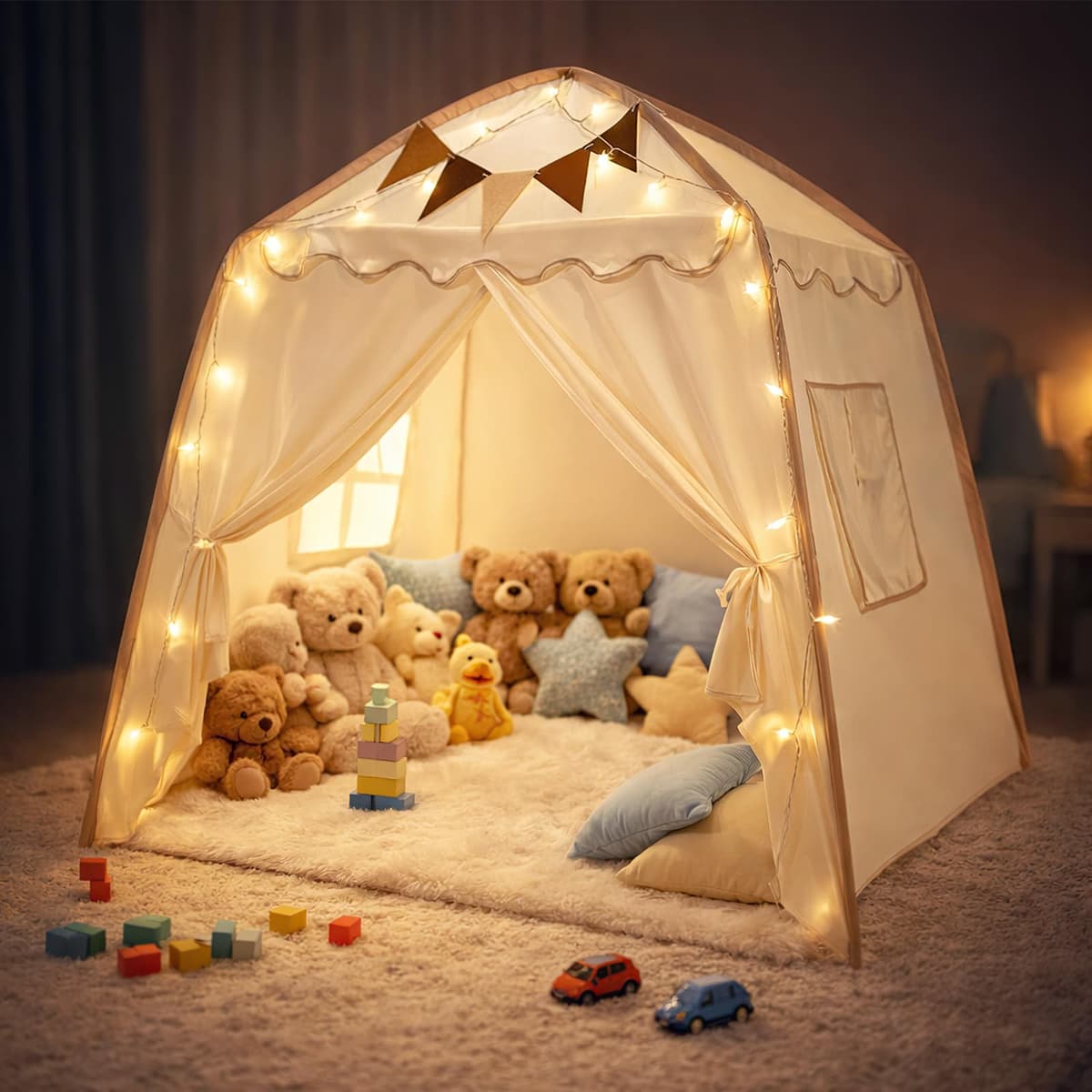 Tienda Campaña Infantil, Tipi Cabañas para Niños con Luces y Banderas Casa de Juegos Carpa de Princesa Casita de Juegos Grande Regalo con Ventanas para Interior y Exterior