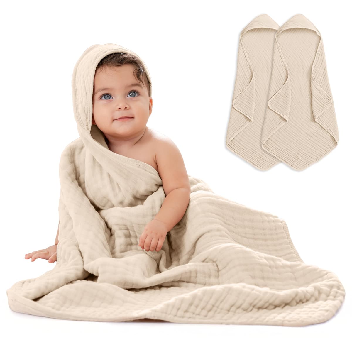 Comfy Cubs Baby Hooded Towel 2-Pack, Large 81cm x 81cm - 6-Layer, Soft, Durable & Absorbent Baby Bath Towel - 100% Muslin Cotton Bathing Products for Babies, Toddlers & Kids - Sand
