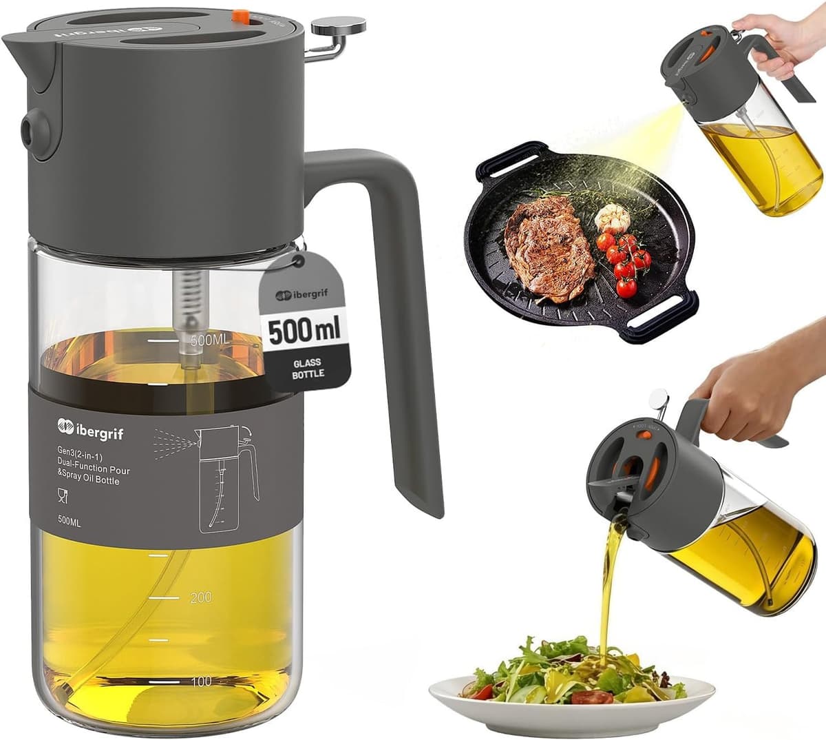 Ibergrif 2 en 1 Pulverizador de aceite 500ml – Aceitera spray con Interruptor, Vidrio de borosilicato, Antigoteo para Freidora de aire, Gris, M530