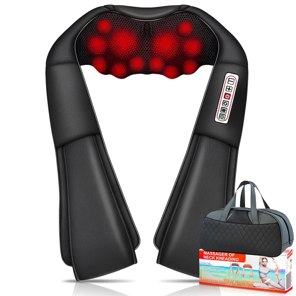 Masajeador para Cuello y Espalda, Aliviar el Dolor Muscular, Velocidad 3 Marchas, 16 Cabezales Masaje, Cronometrado en 15 Minutos, Masajeador de Tejido Profundo con Función de Compresa Caliente