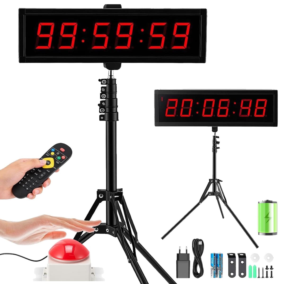 Temporizador Cuenta Regresiva, Cronómetro Digital 2,3 Pulgadas Y 6 Dígitos para Competiciones Y Juegos Temporizador Gimnasio con Trípode Cronómetro Deportivo con Control Remoto 12/24H (Cargar)