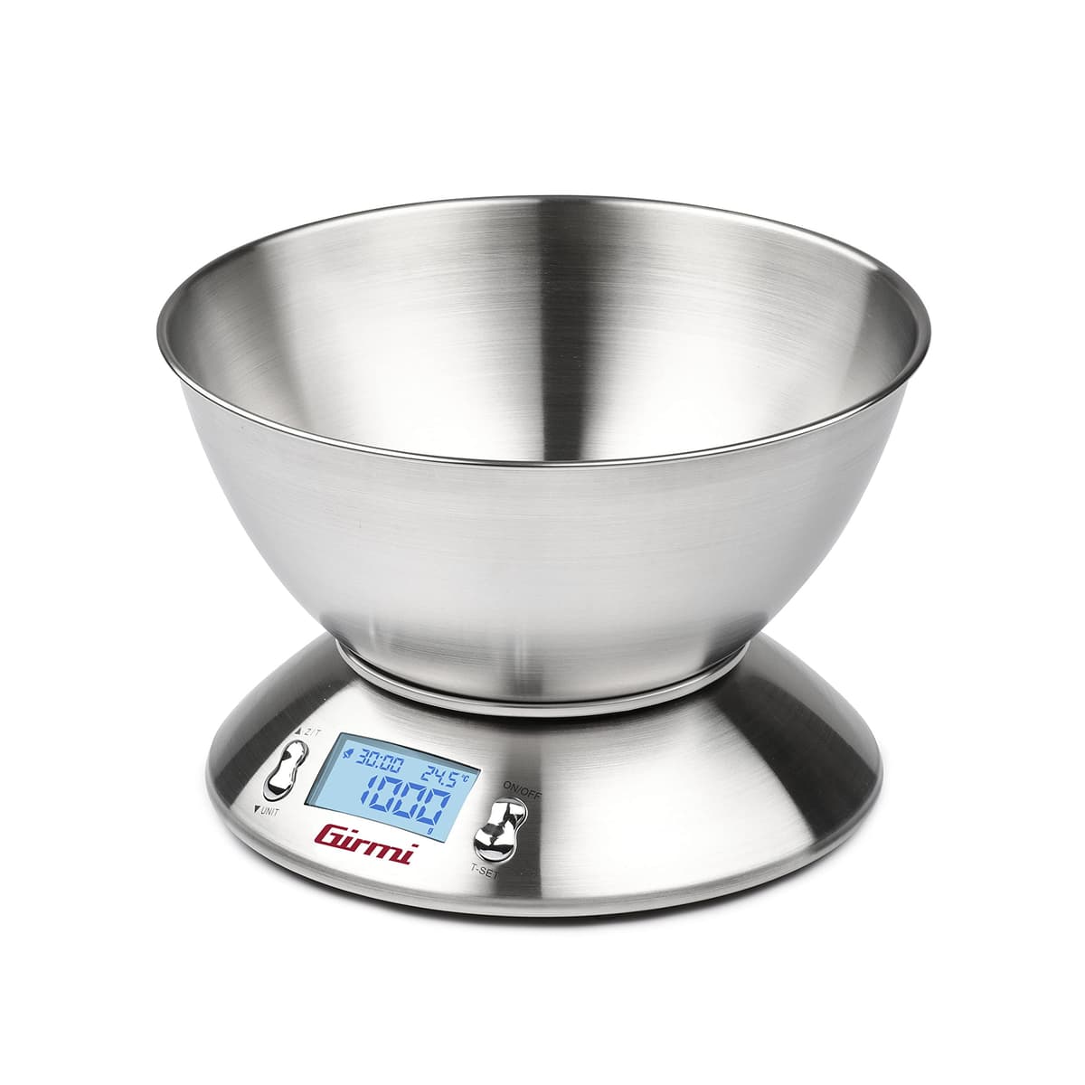Girmi PS85 Electronic Kitchen Scale, 1 g/5 kg, Large Bowl 2 L, Stainless Steel Body and Bowl, Backlit Display, Tare Function, Timer