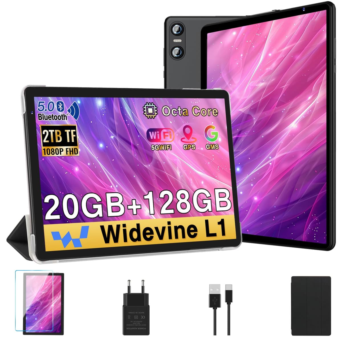 Tablet 10 Pulgadas Android, 20GB RAM + 128GB ROM (TF 1TB), Octa-Core, Widevine L1,GMS/Dual Band WiFi 6/5 MP + 8 MP / 1280 * 800 Pixels/Bluetooth 5.0, Tablet con Funda Negro