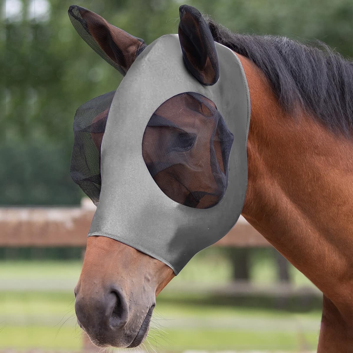 Máscara Antimoscas para Caballos, 1PCS Máscara de Mosca de Caballo con Orejeras,Gris Máscaras Faciales para Caballos Anti-UV, Malla Transpirable, máscara de Freno elástica.