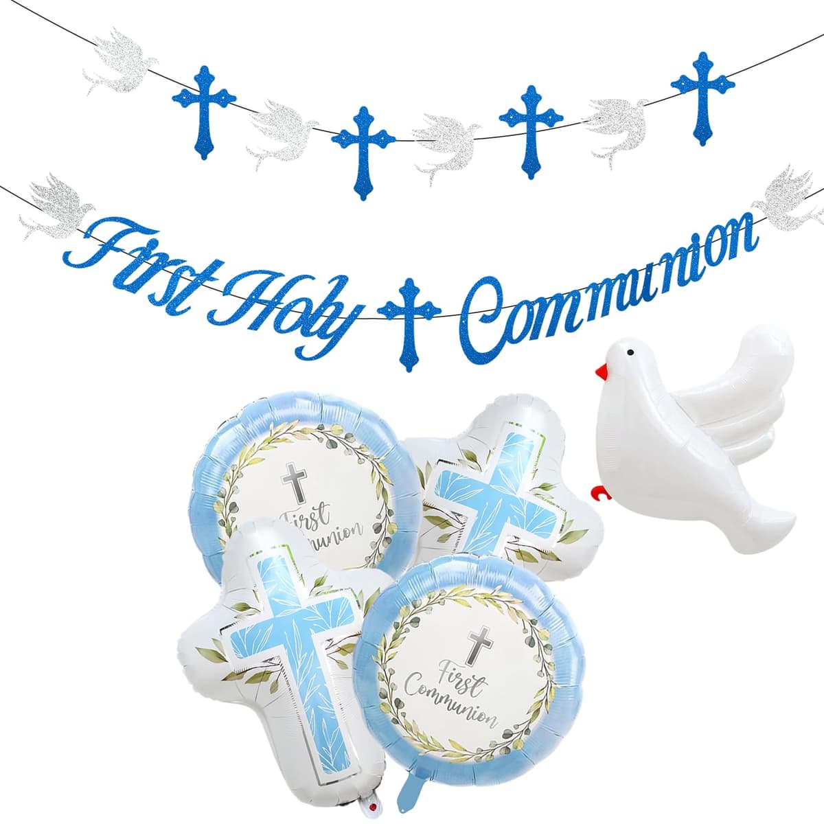 First Holy Communion Decorations Blue Set Communion Banner Communion Foil Balloons Dove Cross Party Supplies Boys Girls First Communion Decorations Confirmation Decorations Church Party Backdrop Kit