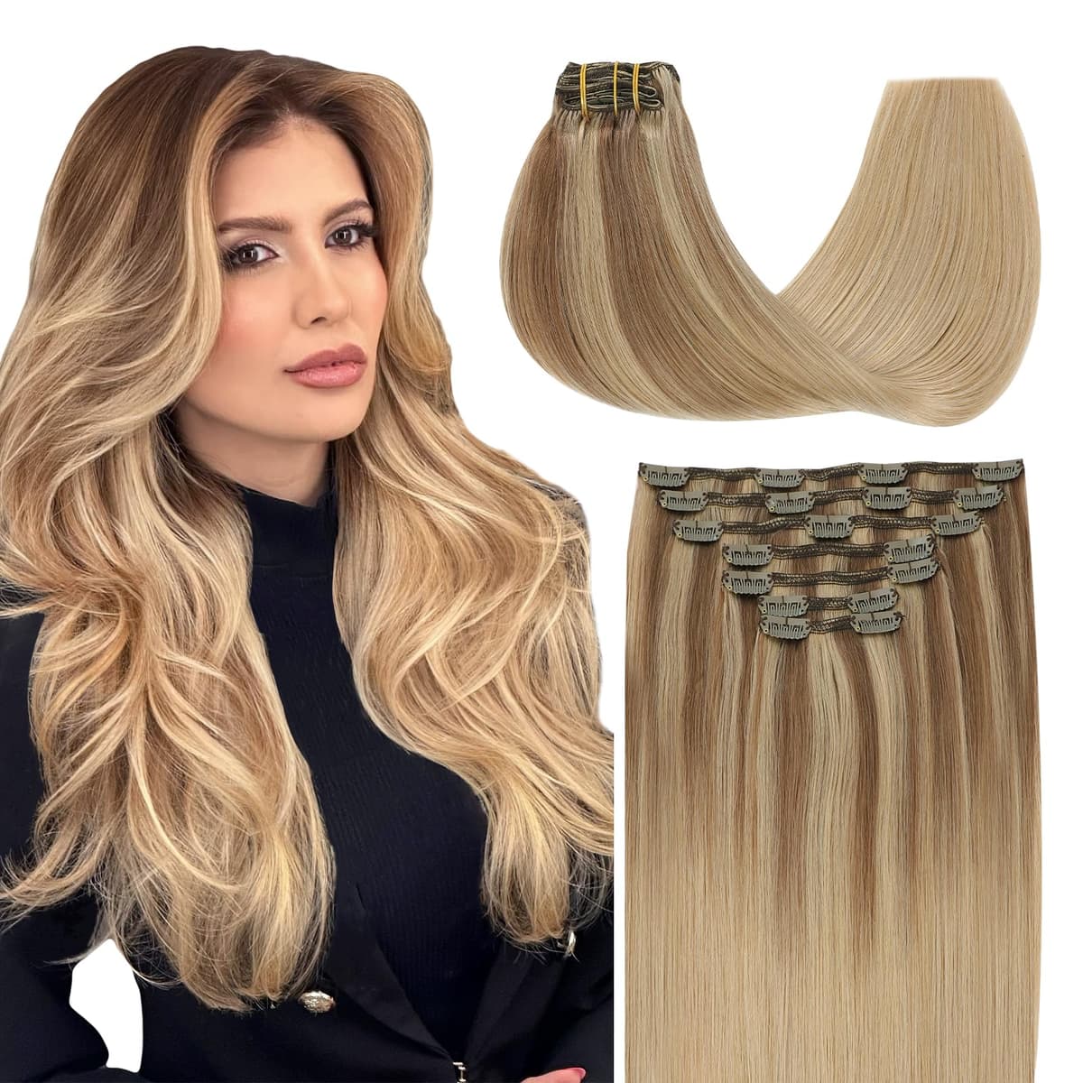 SURNEL Extensiones Clip Pelo Natural 160g 50cm 7 Piezas Balayage Marrón Claro a Rubio Caramelo Extensiones De Clip De Humano Real Extensiones Pelo Remy Natural(7C#10/27/27-50cm)