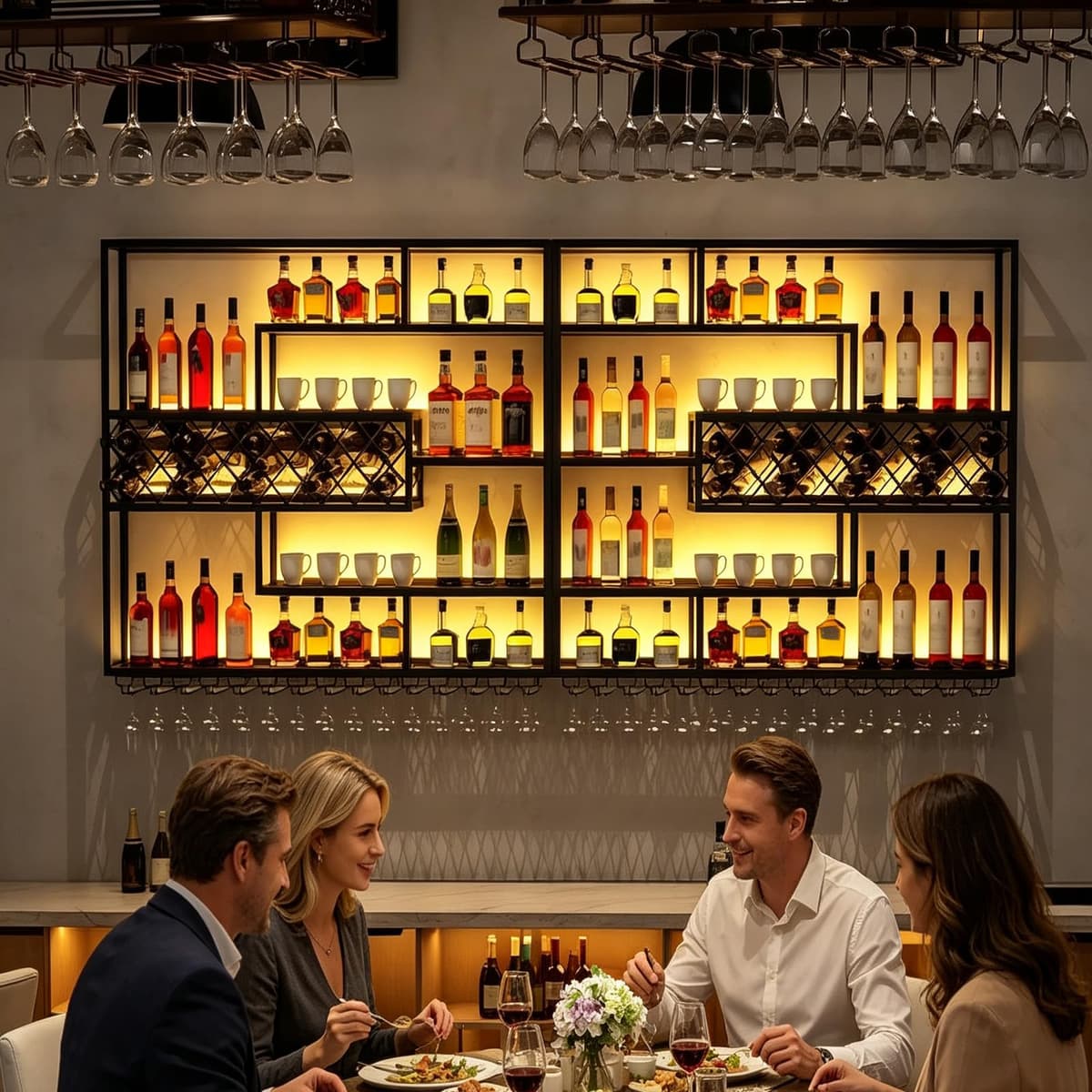 AUSKLEZU Estante de Pared para Vino con Rejilla y Luz LED | Botellero Industrial de Metal | 4Niveles con Soporte para Copas | Decorativo para Bar y Cocina (240CM)