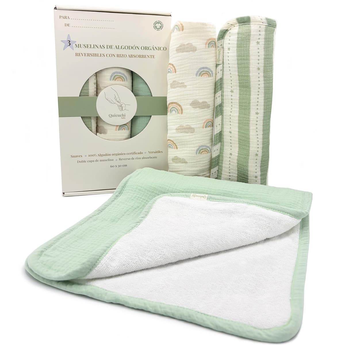 Pack de 3 Muselinas bebé algodón 100% orgánico Gots 60x30cm- Gasas de Muselina Suaves y Rizo Absorbente- Salvababas bebés Multiusos- Regalos para recién Nacidos niño y niña (Verde Salvia)
