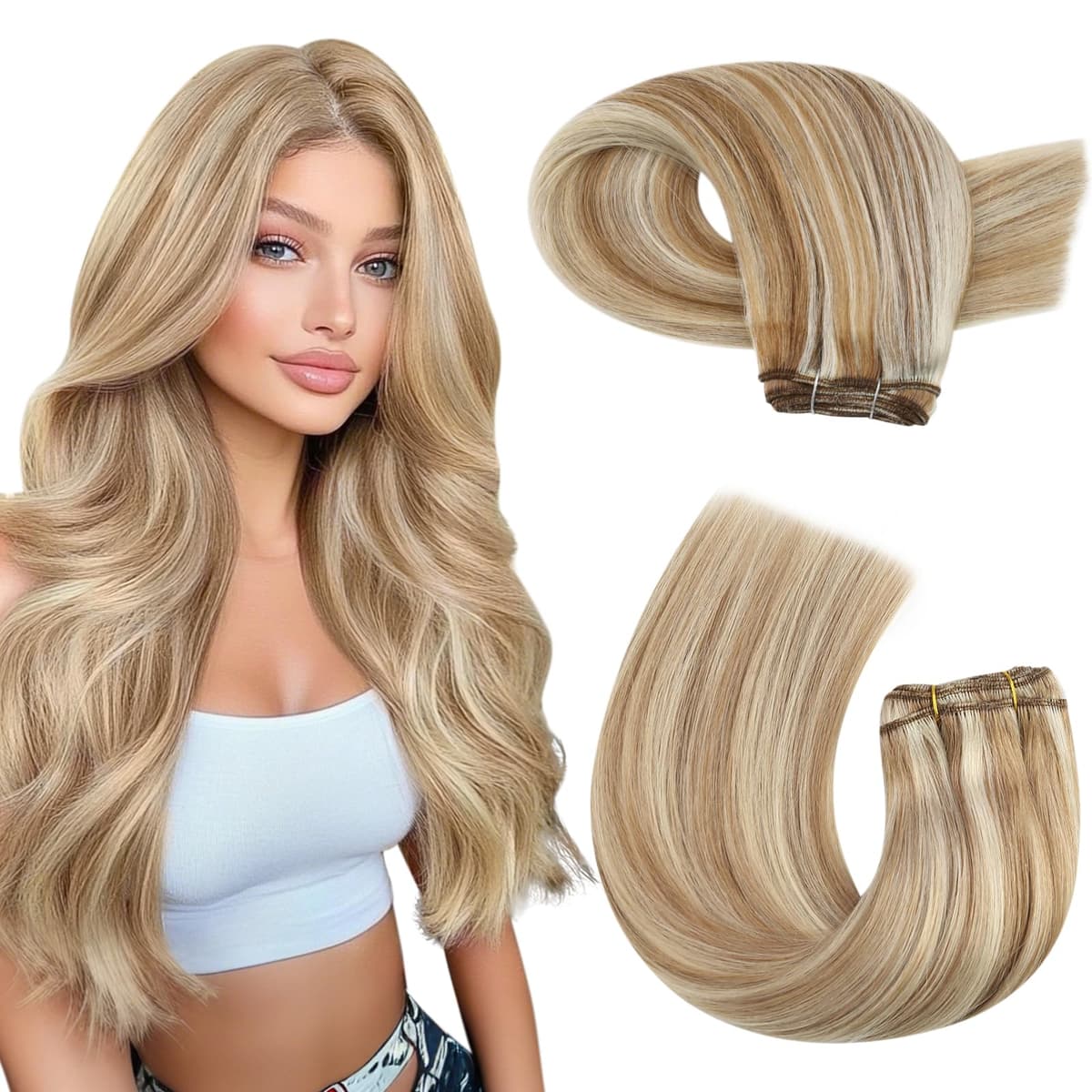 Moresoo Weft Hair Extensions Real Human Hair Medium Brown Highlighted Platinum Blonde Sew in Human Hair Extensions Brown to Blonde Full Head Remy Straight 18 Inch 100g/Pack #P6/60