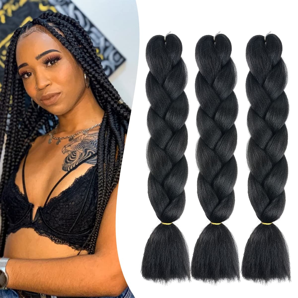 24" Braiding Hair Extension Jumbo Braids Synthetic 3bundles/pack Crochet Hair Afro Box Braid Heat Resistent (Black)