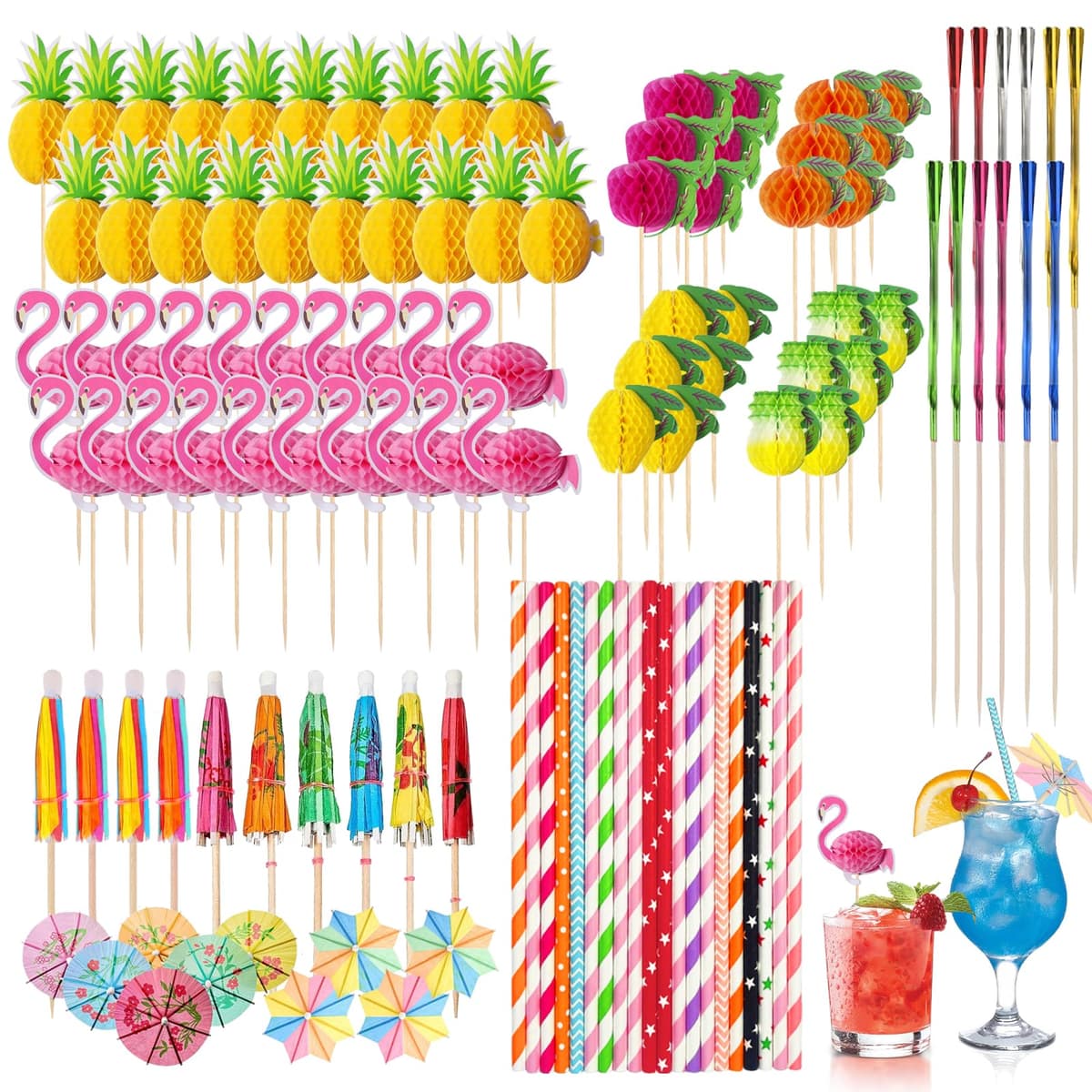 130 Piezas Decoración de Cócteles, Paraguas de Cóctel, Pajitas Decorativas, Palitos de Flamenco, Piña y Fuegos Artificiales, para Fiestas de Verano, Playa, Bodas, Bares