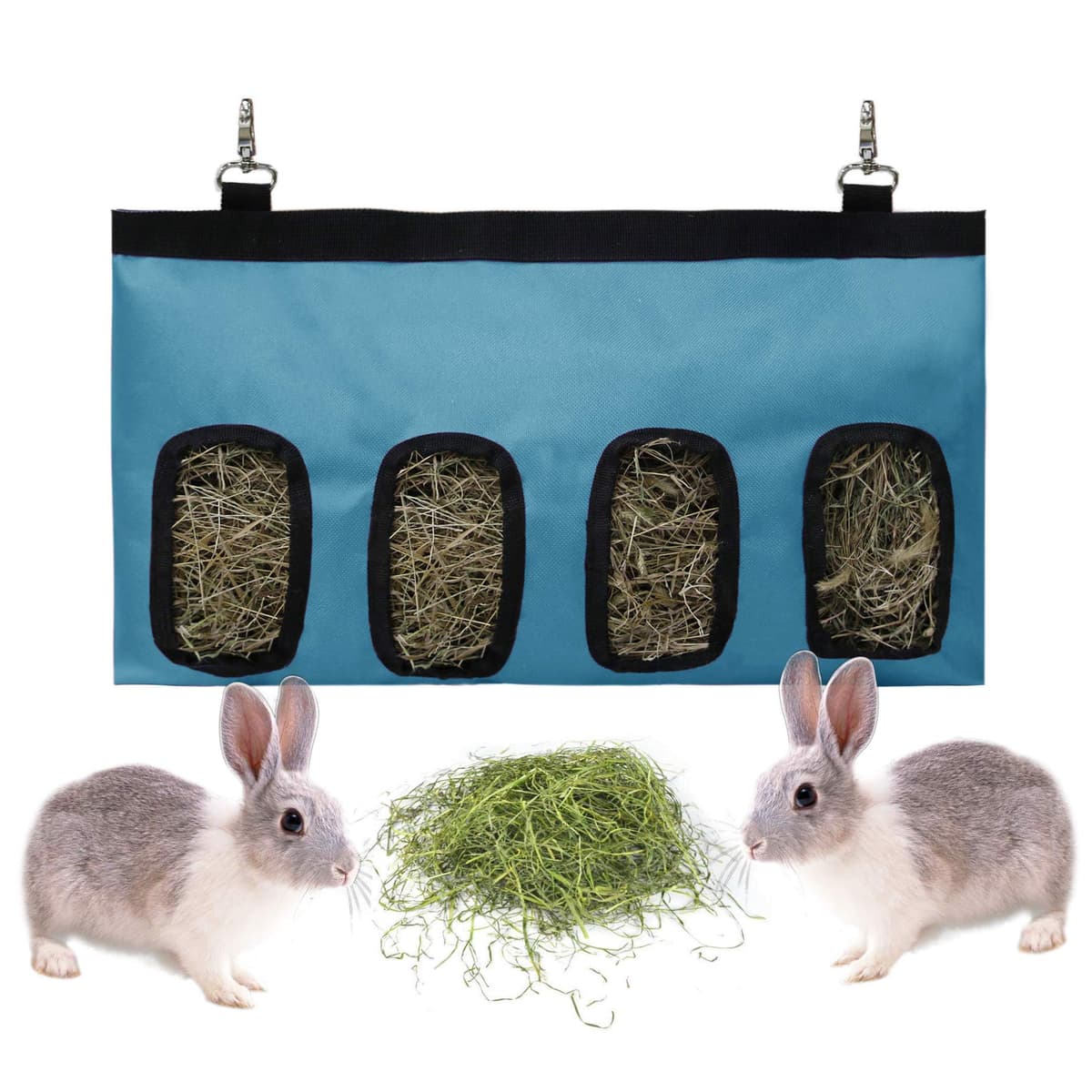 Rabbit Hay Feeder Bag Guinea Pigs Hanging Hay Rack Manger Holder Dispenser Small Animal Feeder Storage Pouch for Bunny Chinchilla Hamster (4 Windows, Blue)