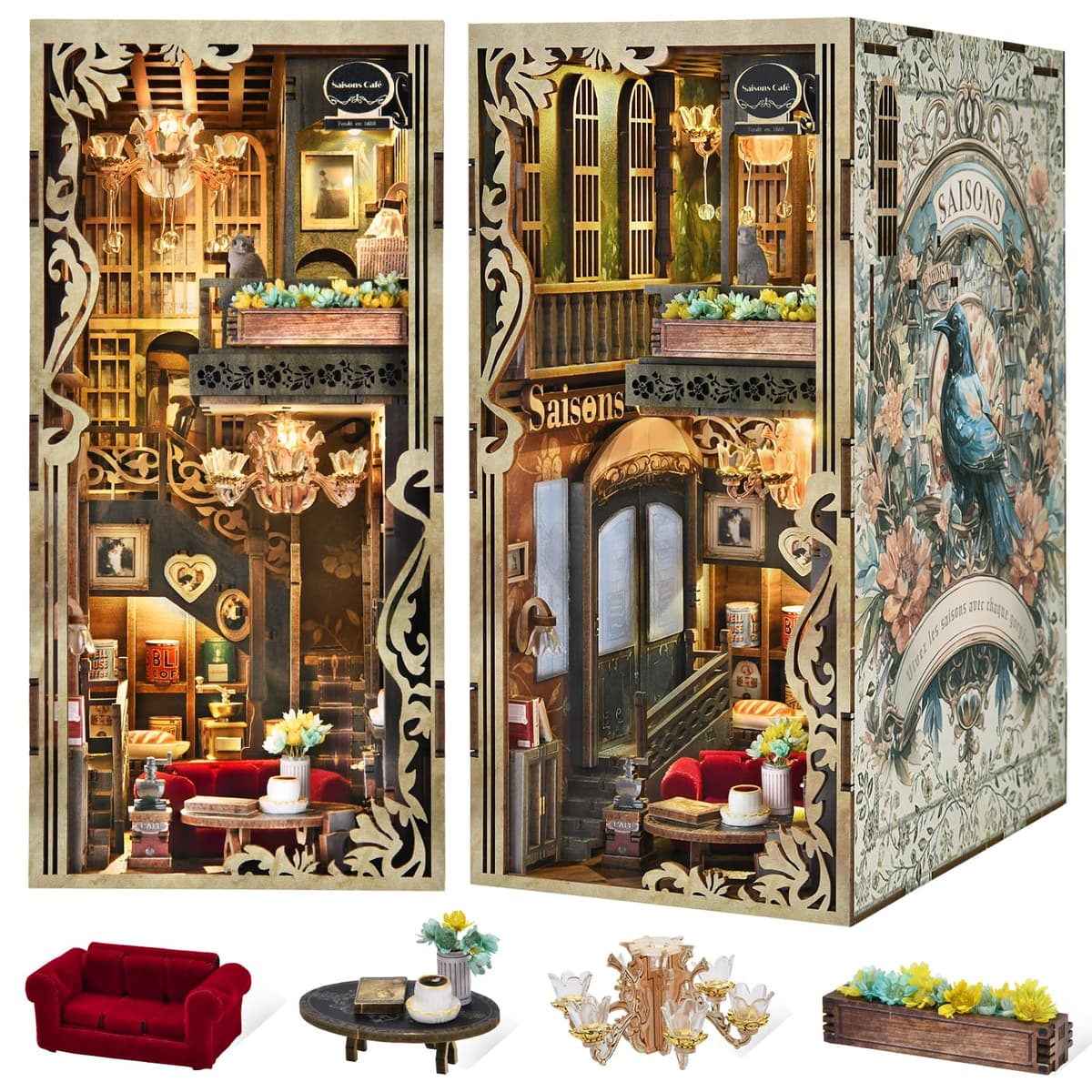 MiniCity Book Nook – Kit de construcción – Casa de muñecas en Miniatura 3D – Esquina de Libros – LED – Temporada Luminosa – Café