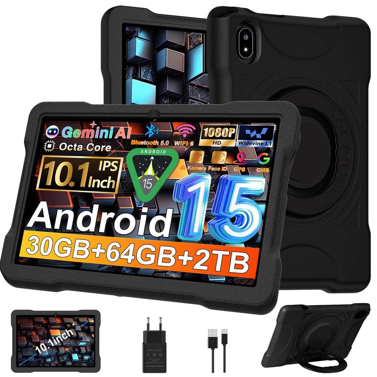 Tablet Niños 10 Pulgadas Android con 30GB RAM+TF 2TB, Octa-Core 2.0Ghz/GMS,Widevine L1,Gemini AI/Bluetooth 5.0,Juegos Educativos,5MP+8MP/1280*800,Tablet Android 15 con Funda EVA+360° Giratorio, Negro