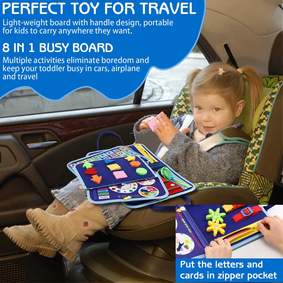Esjay Toddler Busy Board Montessori Toys for Boys, Sensory Book Educational Activities for Learning Fine Motor Skills, Birthday Gifts for Boys Toddlers, Travel Toys for Airplane Car, Blue Dinosaur — view 4