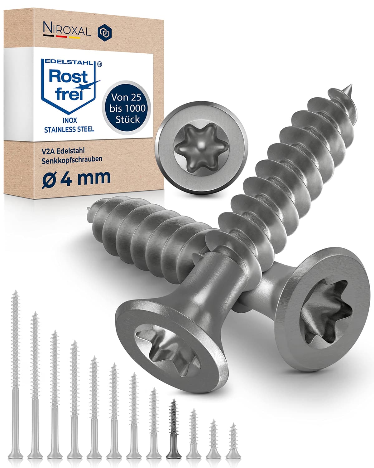 Tornillo de cabeza avellanada TORX de acero inoxidable fabricado en V2A 4-mm de espesor 30-mm de longitud del tornillo 100 piezas Rosca parcial de 18-mm Tornillo para madera 4x30