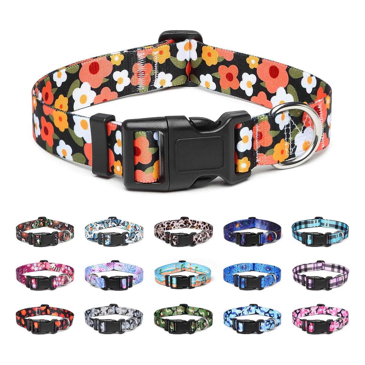 Adjustable Dog Collar with Patterns, Ultra Comfy Soft Nylon Breathable Pet Collar for Small Medium Large Dogs (L, Floral Orange)