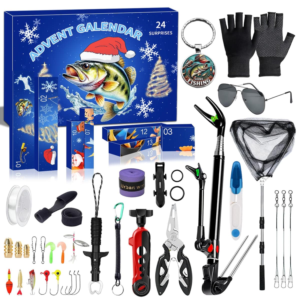 Calendario Adviento Adultos 2025, Calendario Adviento Pesca Hombre, Calendar Advent con 24 Días Señuelos Pesca Rellenar Calcetines Navidad, Regalos Navideños Pescas Amantes Pesca (Azul)
