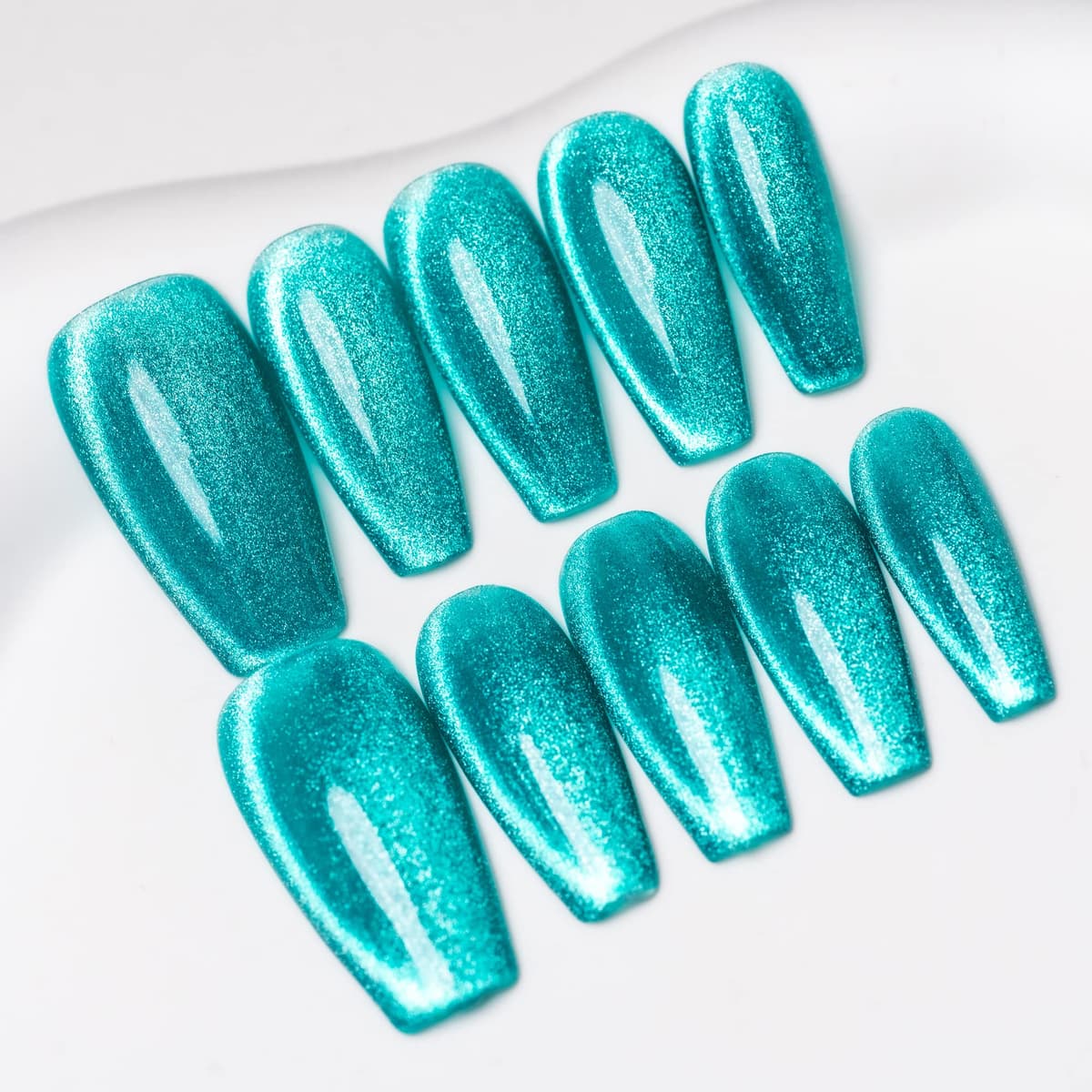 Sun&Beam Nails Handmade Press-On Medium Long Coffin Ballerina with Nile Blue Cat Eye Design Charm Cute False Nail Tips 10 Pcs (#84 L)