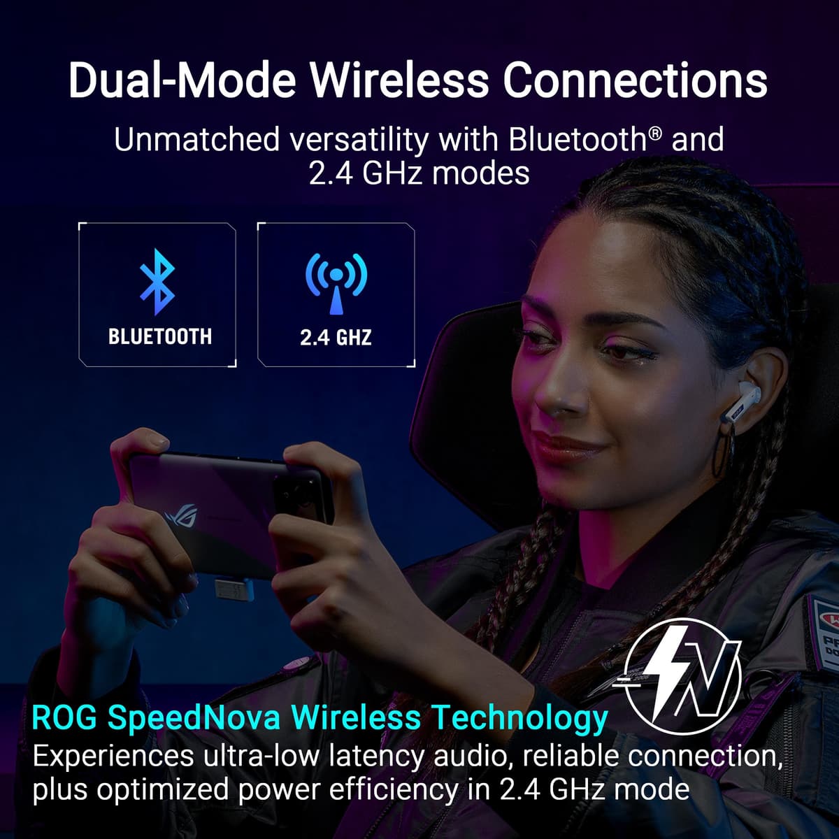 ASUS ROG Cetra True Wireless SpeedNova Gaming Earbuds – Dual-Mode (BT, 2.4GHz), Dirac Opteo, Bone-Conduction AI Mic, Adaptive ANC, 46Hr Battery, for PC, PS5, PS4, Switch, Mobile, ROG Ally/X - Black — view 3