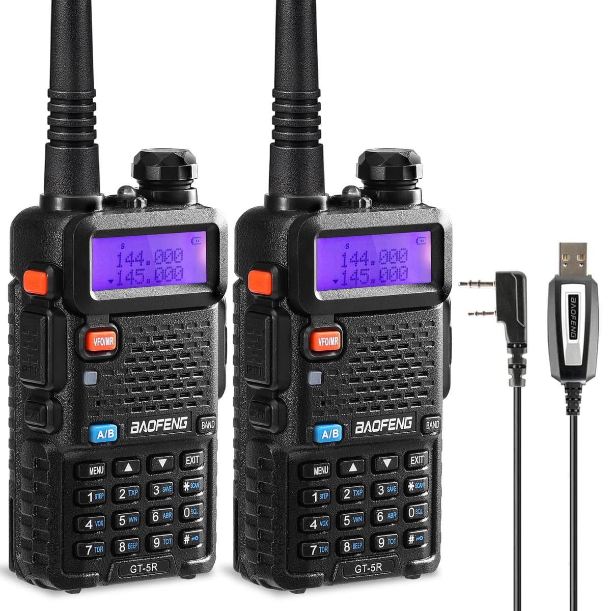BAOFENG GT-5R Walkie Talkie, Radio de Doble Banda para 144-146/430-440MHz, Largo Alcance con 128 Canales, Batería de 1800 mAh, Auriculares, Cable de Programación para Camping, Soporte Chirp, 2PCS