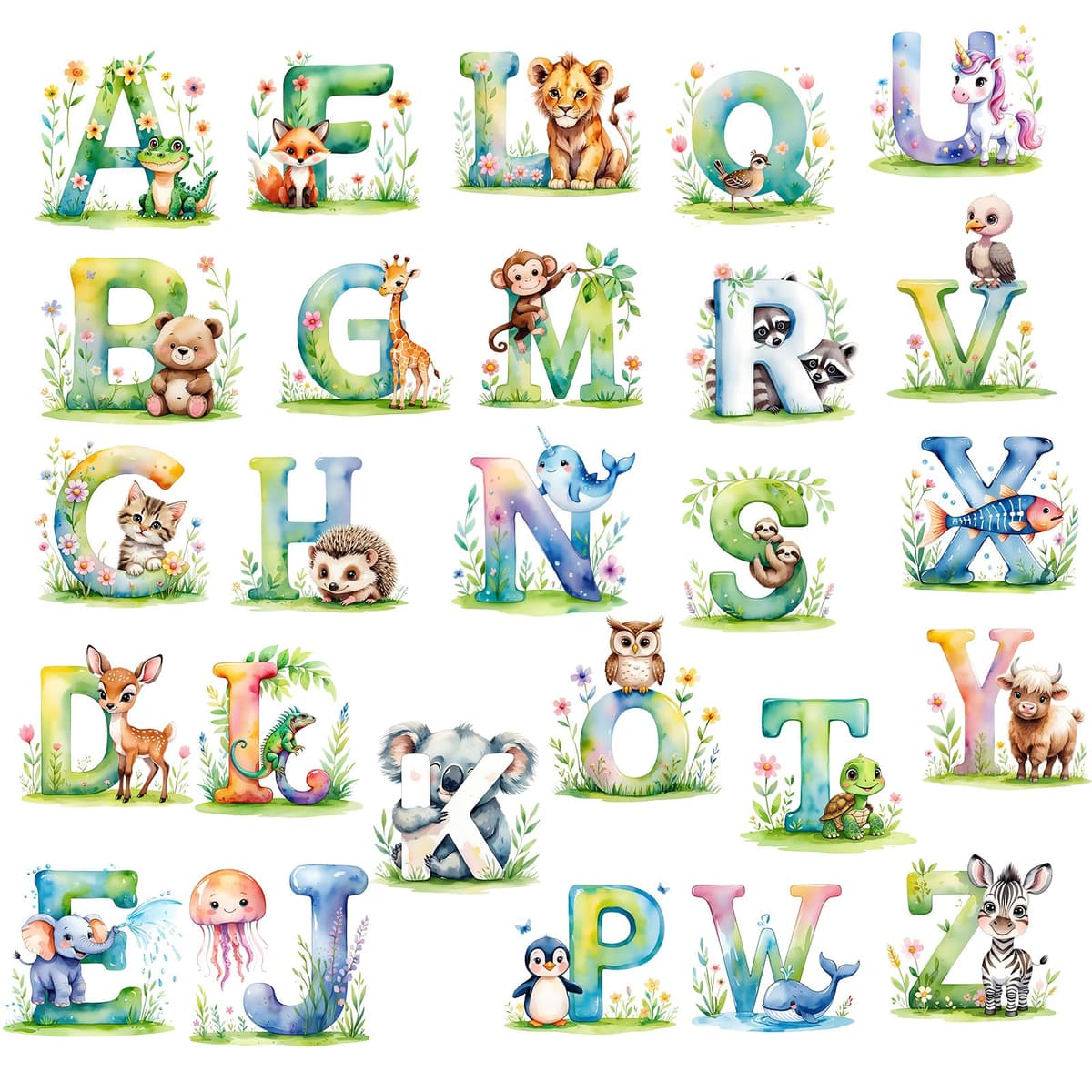 ABC Alphabet Wall Stickers Colourful Animal Letter Learning Wall Decals Peel and Stick Removable Educational Art Work for Kids Baby Nursery Bedroom Living Room Classroom Playroom Home Decor
