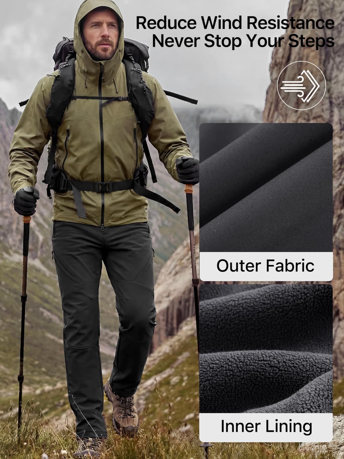 FREE SOLDIER Men's Fleece Lined Outdoor Cargo Hiking Pants Water Repellent Softshell Snow Ski Pants with Zipper Pockets — view 3