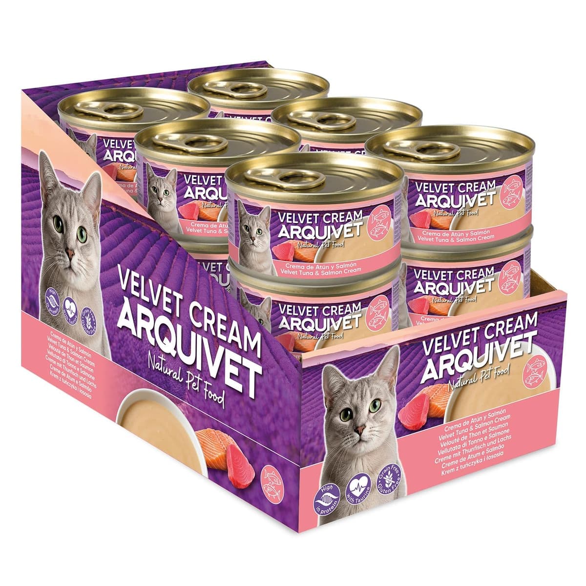 Pack 24 Unidades - Crema de atún y salmón para Gato Velvet Cream - Latas de 80 g - Comida húmeda para Gatos - ARQUIVET