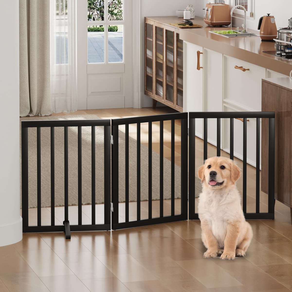 Dog Gates for Doorways, Foldable Dog Gate Indoor, Freestanding Pet Gates for Doorways Bedroom, Puppy Gate with Metal Support Feet, Room Divider 3 Panels (Black)