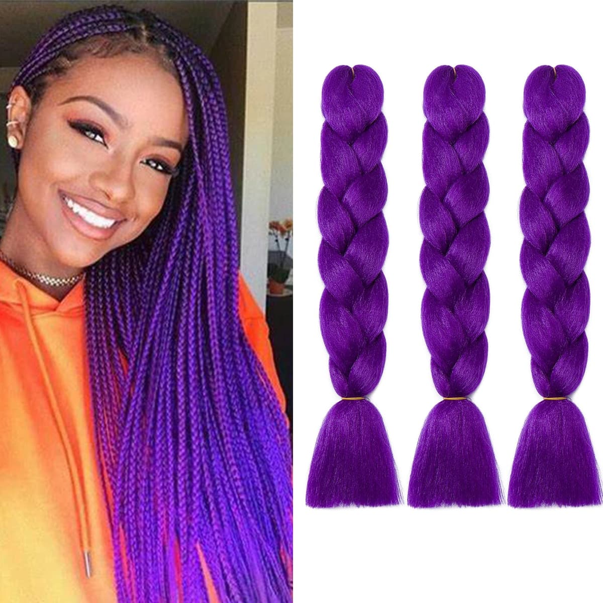 24" Braiding Hair Extension Jumbo Braids Synthetic 3bundles/pack Crochet Hair Afro Box Braid Heat Resistent (Dark Purple)