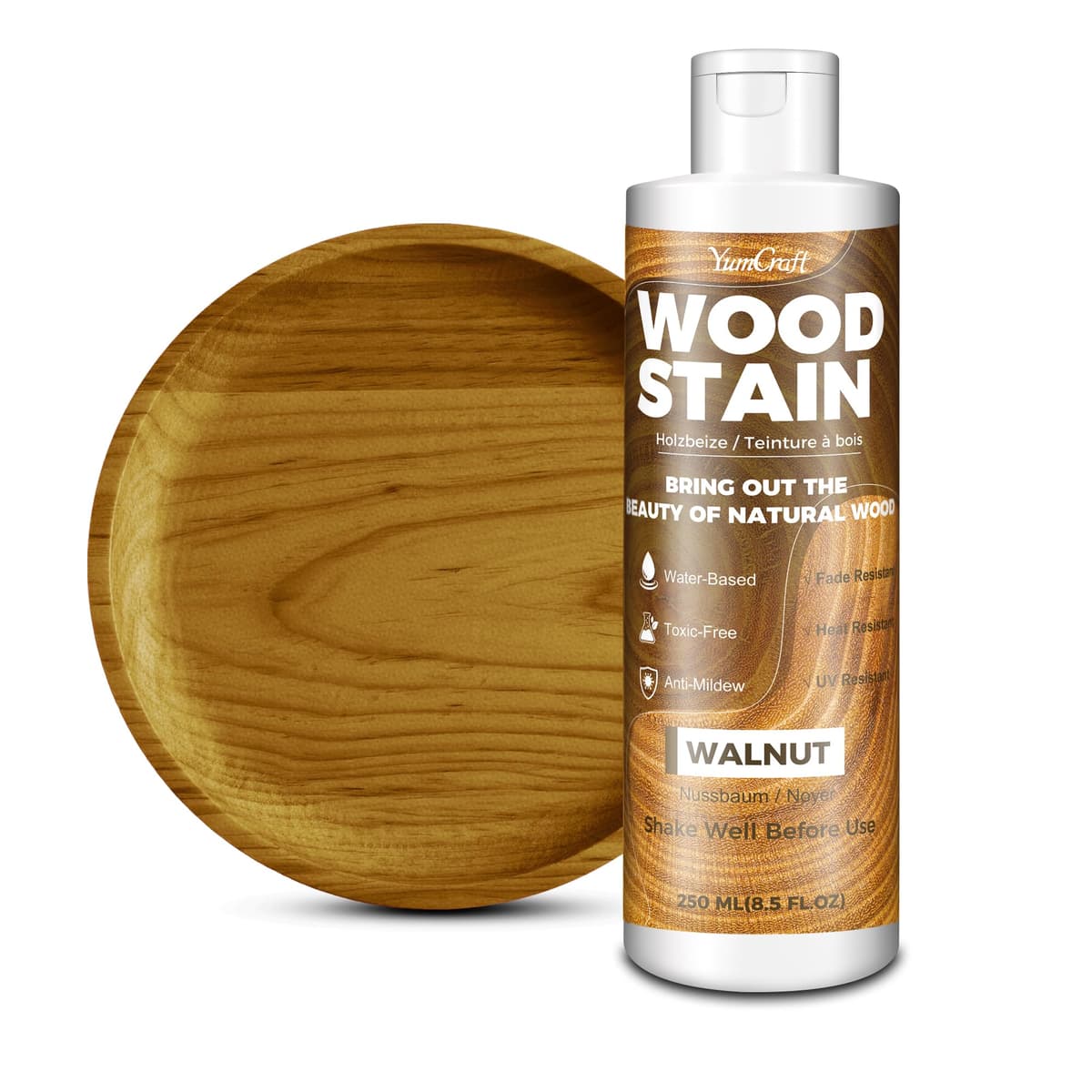 Tinte Para Madera 250ml Nogal, Barniz para Madera a Base de Agua, para Muebles Interior Exterior, Armarios, Gabinetes, Estantes y Puertas, Secado Rápido, Bajo Olor y No Tóxico