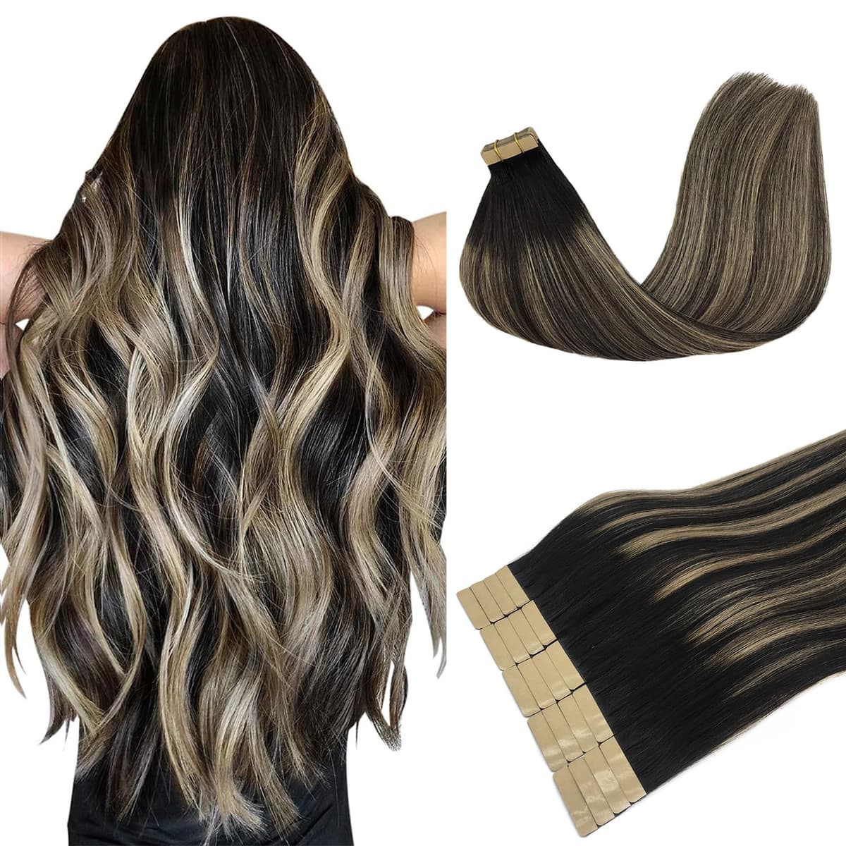 DOORES Tape in Balayage Natural Black to Light Blonde 20 Inch 20pcs 50g Human Hair Extensions Tape in Straight Real Natural